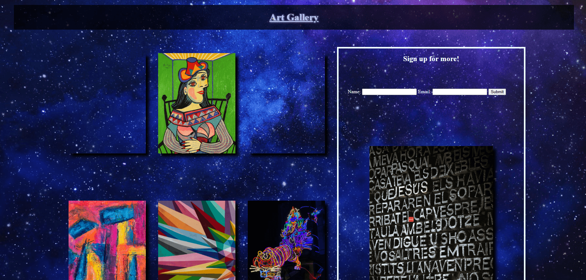 Art Gallery Showcase displaying artwork grid with sign-up form