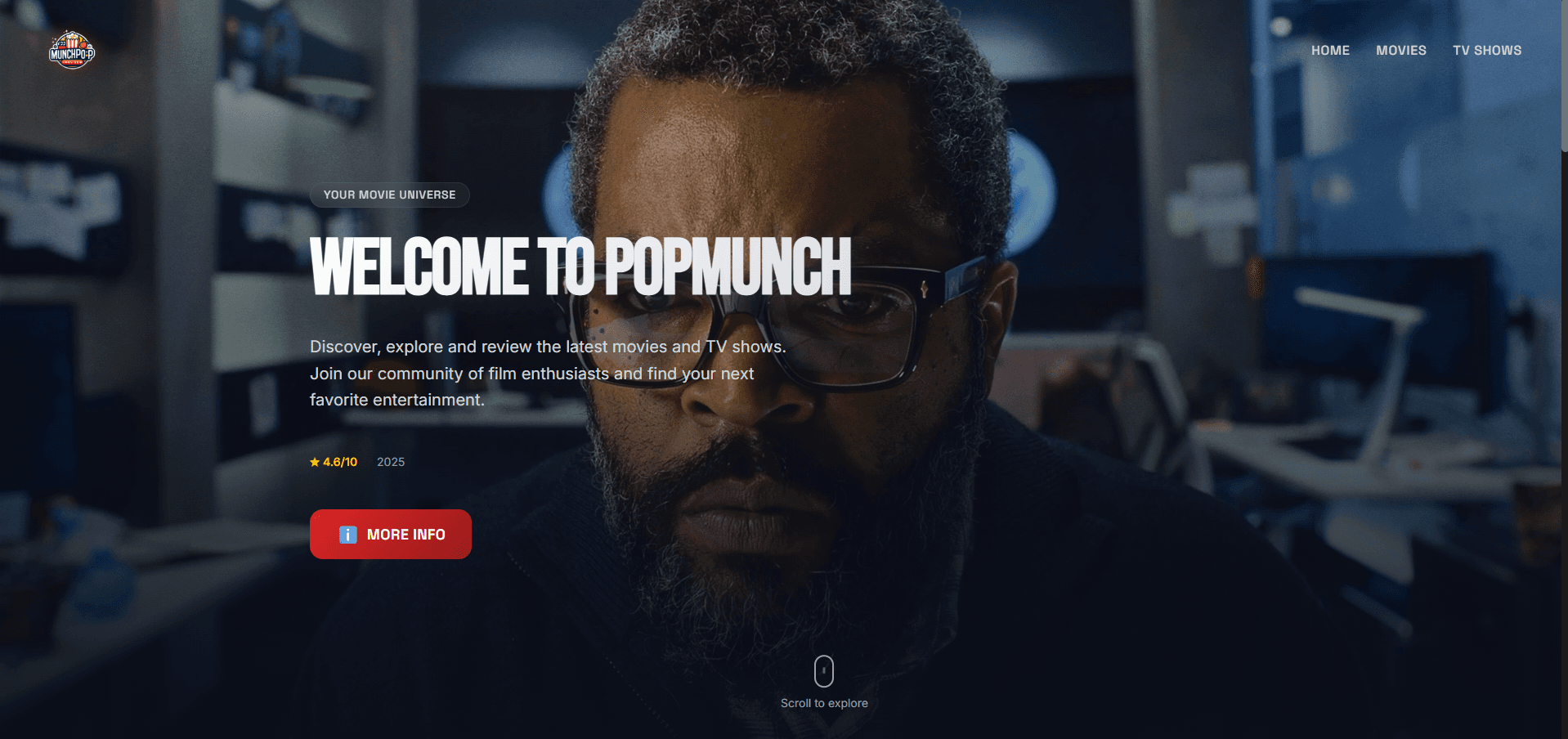 PopMunch platform showing movie and TV show discovery interface with trending content