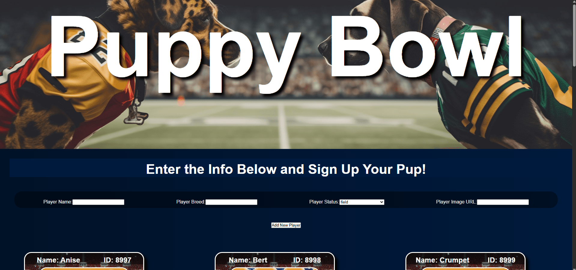 Puppy Bowl application showing grid of puppy player cards with images and details