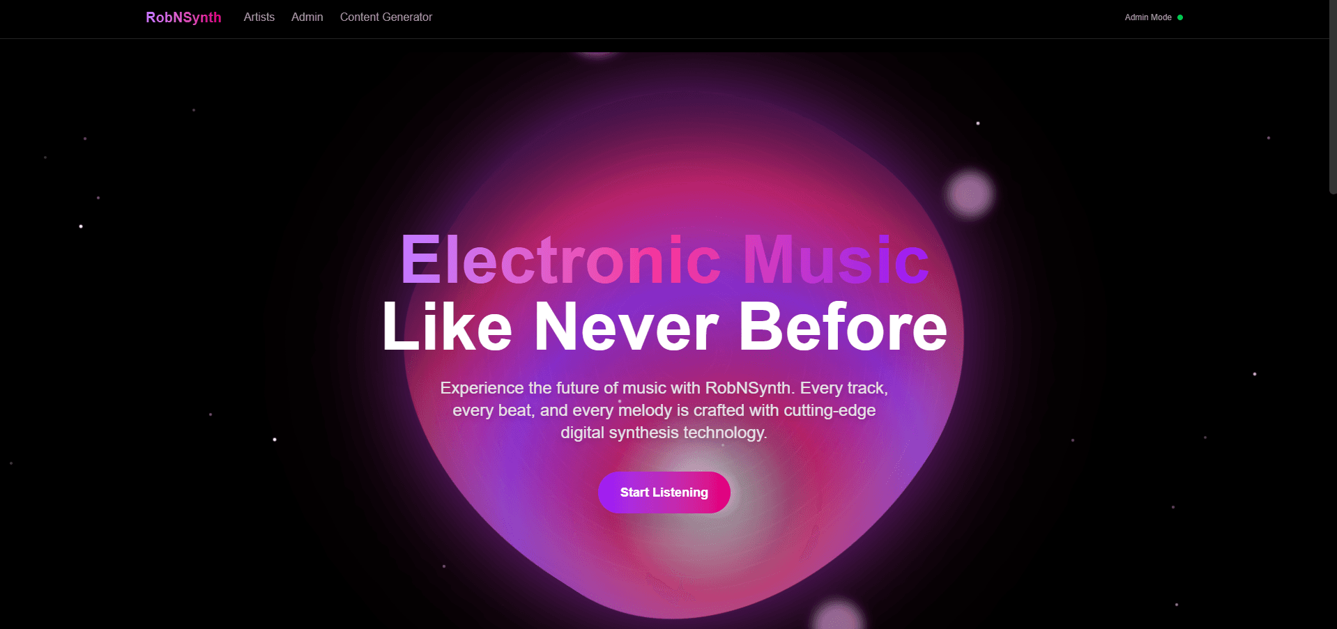 RobNSynth music marketplace featuring AI-generated electronic music artists and albums