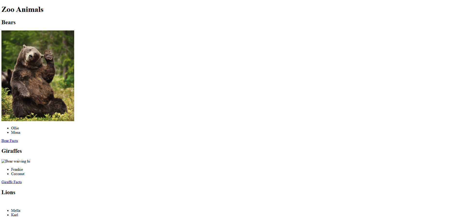 Zoo Animals Showcase webpage displaying various animal sections with images and facts